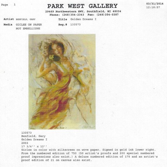 "Golden Dreams I" by Gary Benfield Giclee - Picture 8 of 8